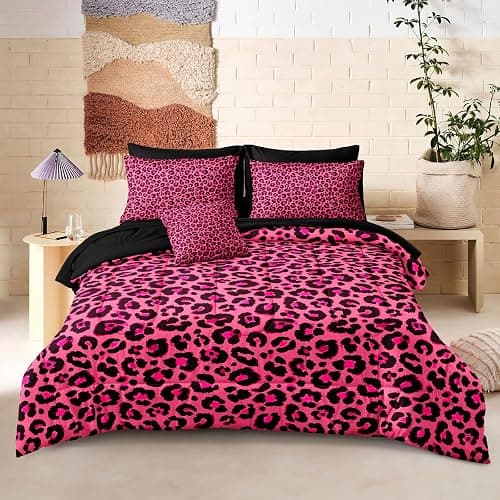 Leopard Print Comforter Queen Black and Pink Bedding Sets 8 Pcs Hot Pink Cheetah Animal Print Texture Wild Leopard Bed in A Bag with Comforter and Sheet Set thumbnail 7
