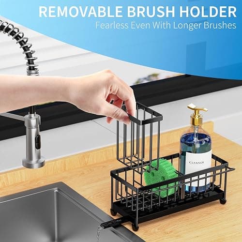 Cisily Sponge Holder for Kitchen Sink with Towel Rack, Sink Caddy with Kitchen High Brush Holder, Organzier Rustproof 304 Stainless Steel Dish Organizer Divider, Soap Dispenser Storage - Black With Towel Rack thumbnail 5