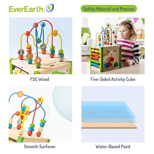 EverEarth Wooden Activity Cube with Bead Maze, 5 in 1 Activity Center, Educational Learning Montessori Toys for Toddlers for Kids 1+, FSC Certified thumbnail 4