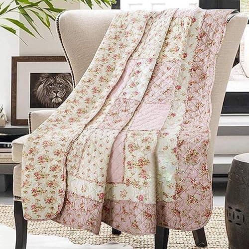 Twin Size Quilt Cotton Pink Floral Patchwork Throw Blanket for Couch Sofa Vintage Reversible Lightweight Quilted Bedspread Coverlets Flowers Quilt Soft Garden Comforter Bed Cover for Bed Home Decor - Image 1