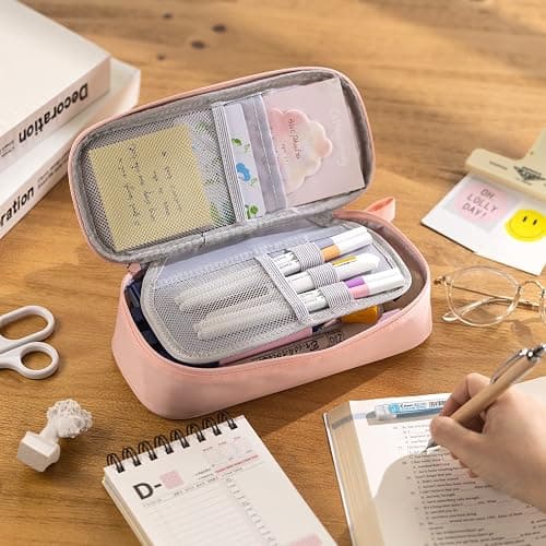 CICIMELON Durable Pencil Case Big Storage Pen Pouch Bag for School Supplies Office College Teen Girls Adults, Pink | Pen Pouch Bag, for School Supplies, Office, College, Adults, Pink thumbnail 2
