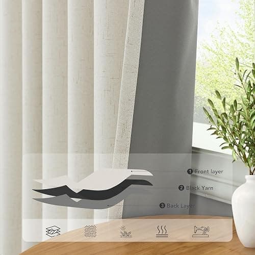 100% Blackout Curtains 84 Inch Length 2 Panels Set Neutral Boho Linen Farmhouse for Bedroom Windows Living Room Darkening Thermal Insulated Drapes Natural Cream Ivory 7ft Long Back Tab Pleated Pocket thumbnail 5