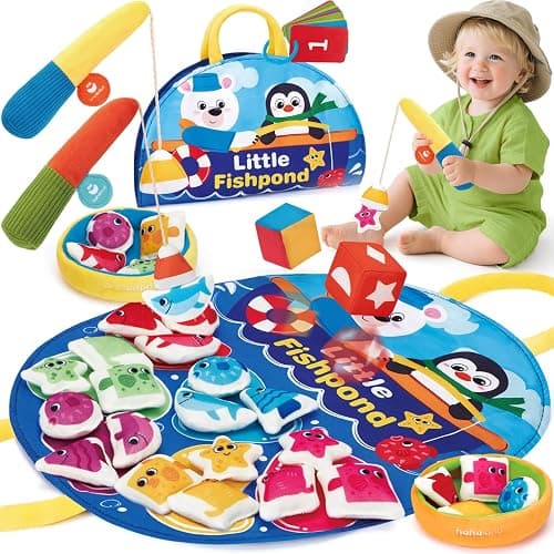 hahaland Montessori Toys for 1 Year Old - Fishing Game for Toddlers 1-3 with Shapes Colors Learning Mat, Dices, Fish, 2 Poles, Cards, 1 Year Old Educational Toys Toddler Games Ages 2 - Image 1