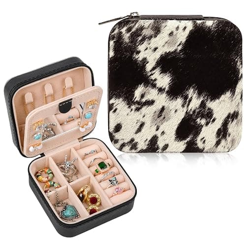 DEEKA Western Jewelry Box Case Real Leather Cow Print Cowhide Tooled Travel Jewelry Organizer Gifts Christmas Gifts for Women Country Girls Cowgirl Stuff Portable Travel Accessories -Black - Image 1