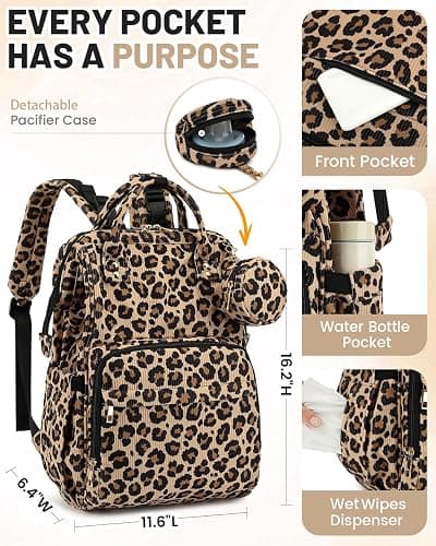 fufazfo Corduroy Diaper Bag Backpack, Large Capacity Multifunction Baby Diaper Bags for Women, Insulated Bottle Pockets & Pacifier Case, Stylish Travel Nappy Changing Bags for Mom Dad (Leopard Brown) thumbnail 5