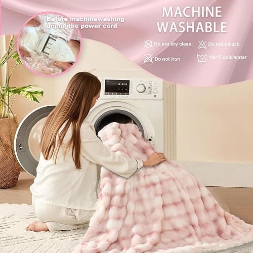 AEPINBH Electric Blanket, Soft Faux Rabbit Fur Bubble Heated Blanket with Dual Control 6 Heating Levels & 4 Hours Auto-Off, Machine Washable, Fast Heating (Pink White, 50"X60") thumbnail 9