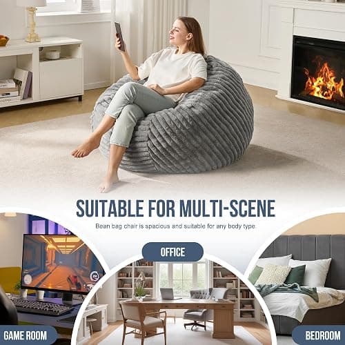 Hobestluk 3ft Bean Bag Chairs for Adults Large Beanbag Chair with Stripe Plush Cover Big Bean Bag Chair for Living Room Bedroom Dorm Office - Grey (36” x 36” x 22”) thumbnail 7