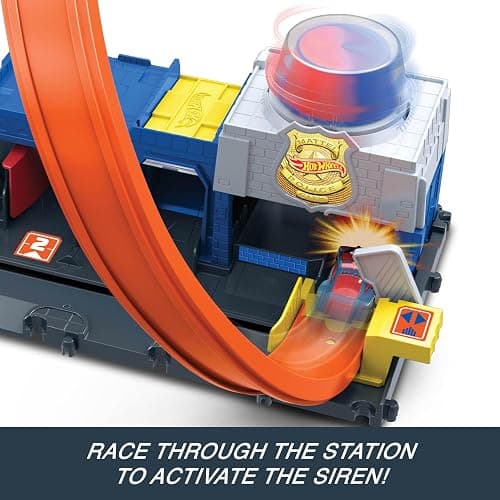 Hot Wheels Toy Car Track Set, Super Police Station Playset with 1:64 Scale Die-Cast Vehicle, Adjustable Loop for Multiple Ways to Race & Stunt thumbnail 6