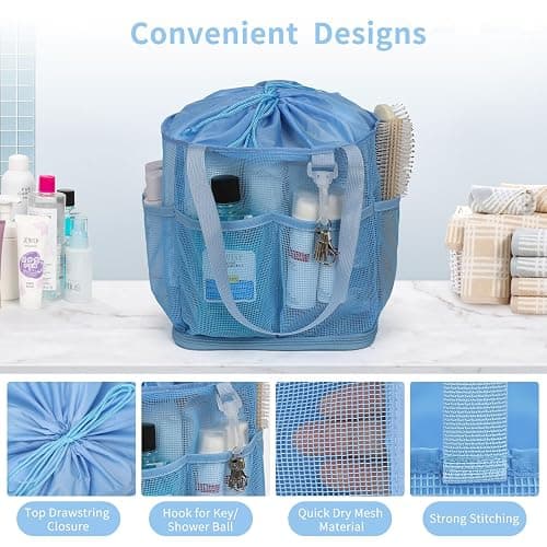 Mesh Shower Caddy Portable for College Dorm Room Essentials, Shower Tote Bag with Hanging Hook and Drawstring, Quick Dry Toiletry Bag with 6 Pockets for Bathroom, Swimming, Gym, Camping, Beach, Travel - Blue thumbnail 7