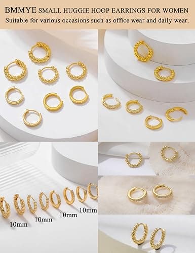 BMMYE Gold Huggie Hoop Earrings for Women Hypoallergenic 14K Gold Plated Mini Hoops Earrings Set for Multiple Piercing Lightweight Small Hoop Earrings Stack Jewelry for Gifts thumbnail 9