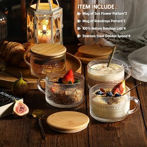 4pcs Set Vintage Coffee Mugs gifts for women, Overnight Oats Containers with Bamboo Lids and Spoons - 14oz Clear Embossed Glass Cups, Cute Coffee Bar Accessories, Iced Coffee Glasses thumbnail 4