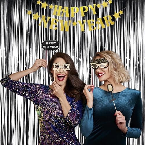 Black Tinsel Fringe Backdrop Curtains for Parties, Melsan 3.2 x 8 ft Black Streamer Photo Backdrop for Birthday, Graduations, New Year Eve Party Decor - Pack of 2 thumbnail 2