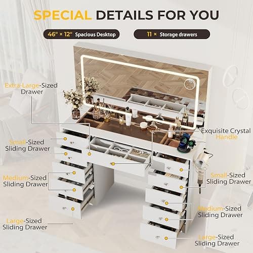 Otterease White Makeup Vanity, 11 Drawers Vanity Mirror with Lights, Makeup Vanity Desk with 3 Lighting Modes Adjustable Brightness, Vanity with Glass Top for Bedroom thumbnail 3