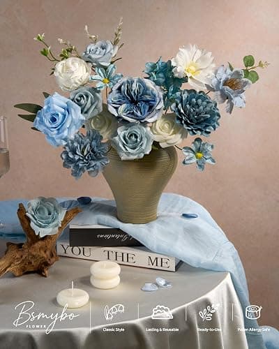 Artificial Blue Flowers Combo Box Set Baby Blue Rose Flowers Bulk Mix Dusty Blue Dahila Peonies Fake Silk Light Blue Flower Bouquets for Wedding Bridal Shower Table Centerpieces Home Party Decor thumbnail 3