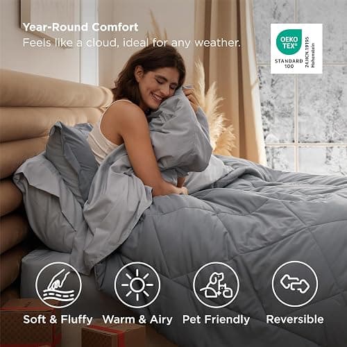 Bedsure Queen Comforter Set - 7 Pieces Reversible Grey Bedding, GentleSoft™ Queen Size Bed Set Gift for Family, Bed in a Bag with Warm Down Alternative Comforter, Sheets, Pillowcases & Shams thumbnail 4