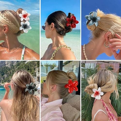 CHANDAT Flower Hair Clips 6 PCS Hawaiian Claw Clips for Vacation Hibiscus Hair Claw Clips Cute Large Hair Clips for Thick and Thin Hair Plumeria Hair Accessories for Women Girls -Dark Color thumbnail 6