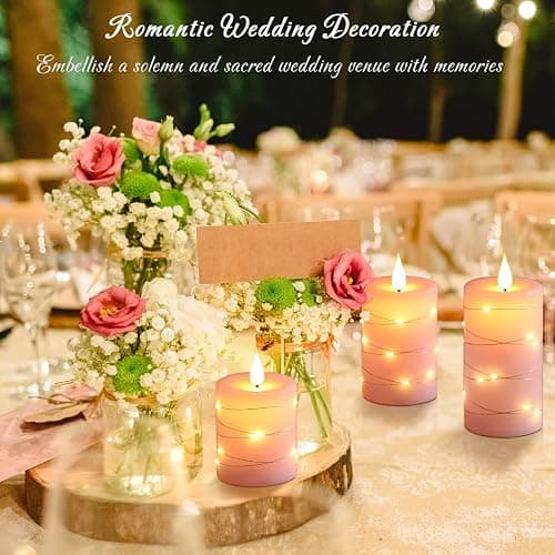 Da by 3 Pack Pink Real Wax Flameless Taper Candles, Lifelike Flickering LED Flame Candles with Surrounding Fairy String Lights, Soft Warm Battery Candles with Remote for Home Wedding Party Decor thumbnail 6
