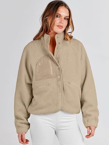 ANRABESS Womens Fuzzy Fleece Jacket Fall Casual Long Sleeve Cropped Sherpa Button Down Shacket Coats Outwear With Pockets thumbnail 3