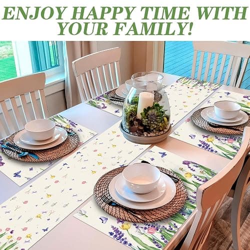 VitalCozy 7 Pcs Spring Table Runner and Placemats Tulip Table Runner Placemats Set 72 x 13 Inch Linen Easter Farmhouse Rustic Floral Lavender Tablecloth for Spring Easter Summer Party Decoration thumbnail 5
