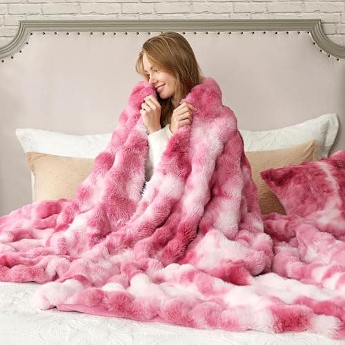 Cozy Bliss Faux Fur Throw Blanket for Couch, Bubble Plush Blanket Queen Size, Fuzzy Soft & Thick Blanket for Bed Sofa Living Room, 90x90 Inches Tie-dye Pink thumbnail 3