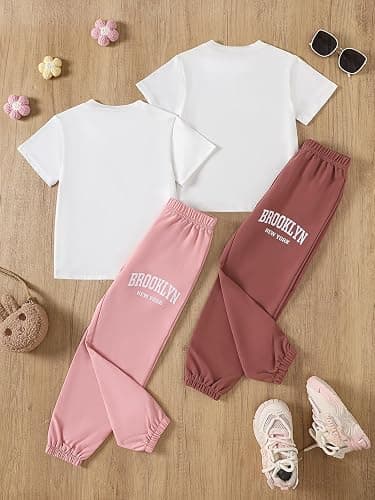 Jolyshlid Girls 4 Pieces Outfits Short Sleeve Printed Tee Tops and Pants Set 4-12Y thumbnail 2