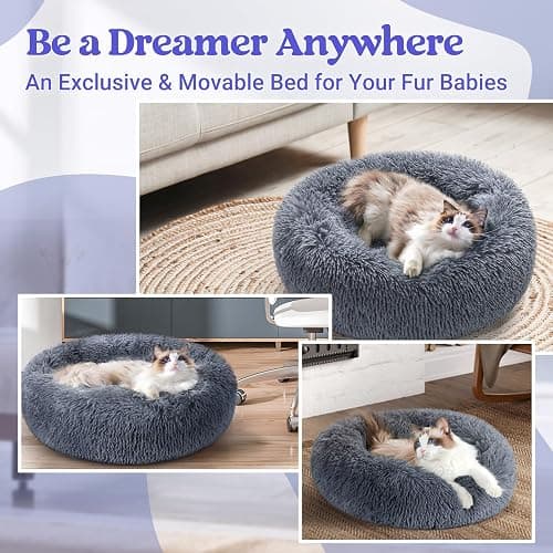 rabbitgoo Cat Beds for Indoor Cats, 20 inches Cat Bed Machine Washable, Fluffy Round Pet Bed Non-Slip, Calming Soft Plush Donut Cuddler Cushion Self Warming for Small Dogs Kittens, Dark Grey, Medium thumbnail 8