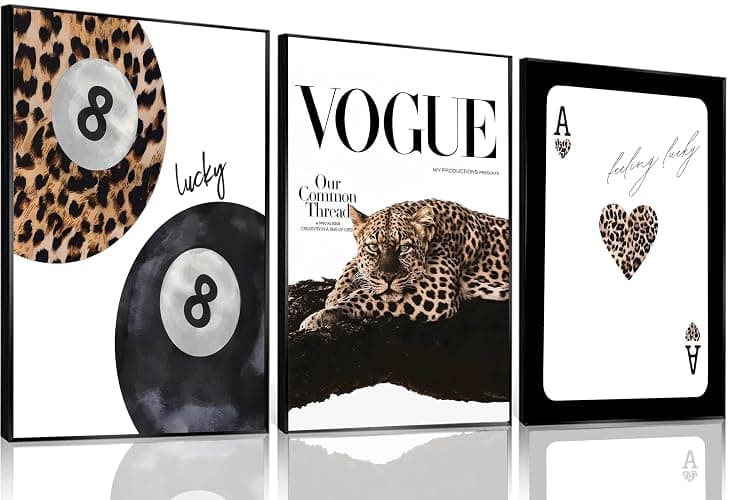 Set of 3 Trendy Leopard Canvas Wall Art Preppy Room Aesthetic Cheetah Cheetah posters Prints Funky Lucky 8 Ball Wall Decor Pictures for Girls Bedroom Apartment Dorm Unframed Decoration - Image 1
