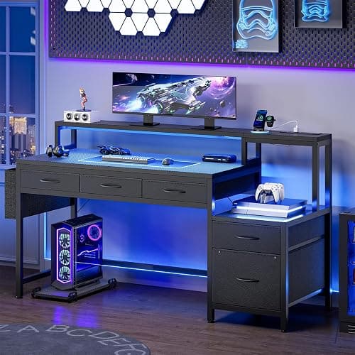 REAHOME 61 Inch Gaming Desk with Charging Station and LED Lights, Reversible Computer Desk with Storage Drawer and Monitor Stand, Modern Desk Table with File Cabinet & Side Pocket, Carbon Fiber Black thumbnail 2