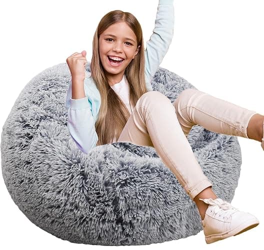 Fluffy Bean Bag Chair for Kids, 2.5FT Round Memory Foam Filled Bean Bag for Teens & Kids, Ultra Soft Faux Fur Fabric Bean Bag Chairs for Playroom, Living Room, Bedroom, Gray - Image 1