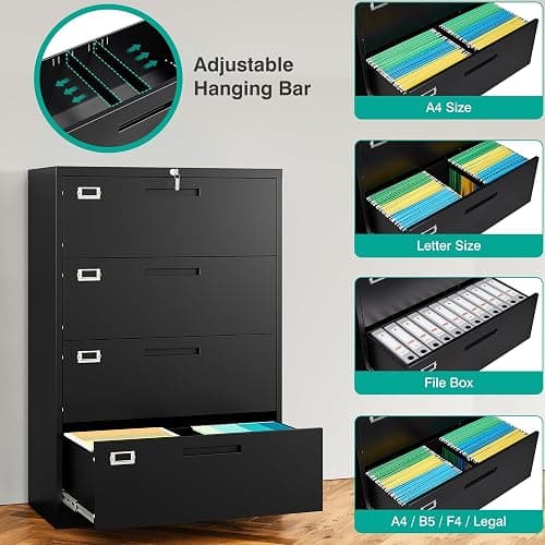 SISESOL 4 Drawer Lateral File Cabinet with Lock,Black Lateral Filing Cabinet,Horizontal Metal Filing Cabinets,Locked Wide Four Drawer File Cabinets for Office Home,Fit A4/F4/Letter/Legal File thumbnail 6