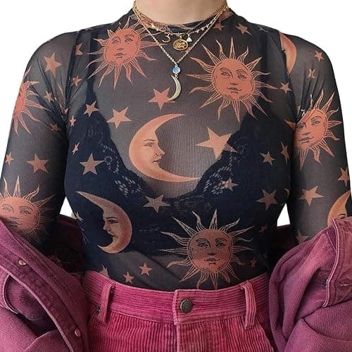 MIZOK Women's Long Sleeve See Through Shirts Angel Print Sexy Sheer Mesh Crop Tops - Image 1