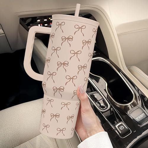 Bow Tumbler with Handle and Straw 40oz – Stainless Sleel Slider Tumbler Travel Coffee Mug for Women - Gift Idea for Birthday Christmas thumbnail 8