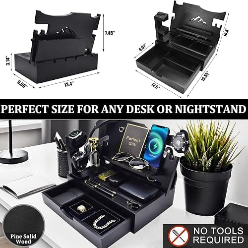 KWYADLUO Nightstand Organizer for Men with Large Drawer, Birthday Gifts for Men Father Husband, Wood Phone Docking Station, Bedside Organizer for Nightstand Office for Apple Watch, Laptop (Black) thumbnail 2