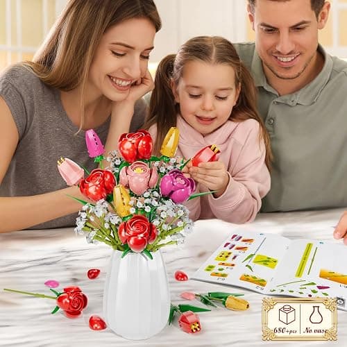 Rose Tulips Flowers Building Blocks Bouquet Set, Red Rose Artificial Flowers for Office or Home Decoration, Valentine's Day, Mother's Day, for Women, Adults, Kids, Girls, No Vase thumbnail 2