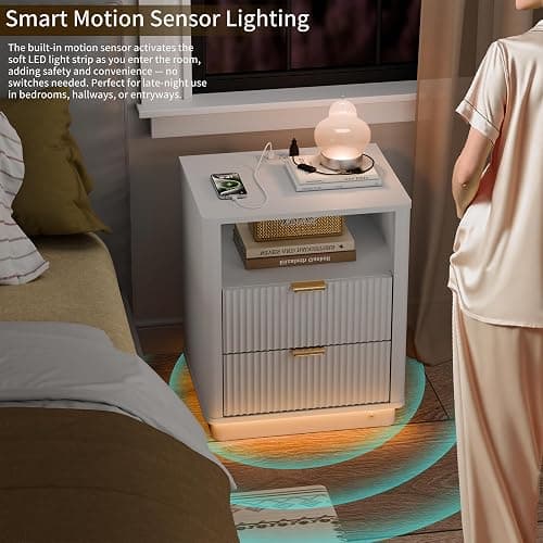 BONITURE Led Fluted Nightstand, Curved Night Stand with Charging Station Lighting, Wood Side Table with 2 Drawers, Modern End Table Storage Cabinet for Bedroom(1, White) thumbnail 3