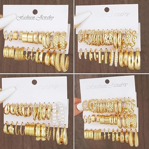 36 Pairs Gold Hoop Earrings Set for Women, Fashion Chunky Gold Hoop Earrings Multipack, Hypoallergenic Pearl Chain Twisted Statement Earring Pack for Birthday Party Jewelry thumbnail 9
