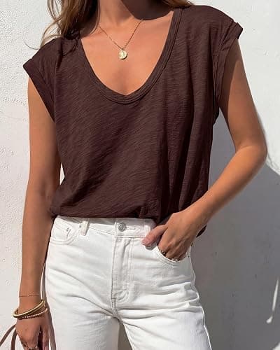 BTFBM Casual Summer Oversized Womens T Shirts Going Out Tops Trendy | Basic Tees,Cap Sleeves,V Neck T Shirts Blouse Y2k Tops,Solid Color,Loose Fit,Summer Clothing,Beach Vacation Clothes For Women thumbnail 5