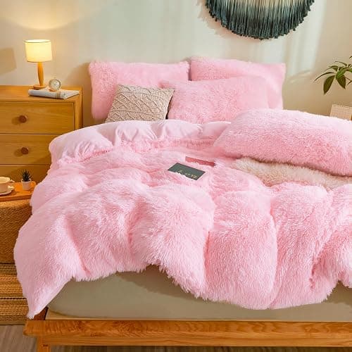 Besfunny Fluffy Pink Comforter Cover Queen Set – Plush Faux Fur Pink Bedding 3-Piece Set (1 Faux Fur Duvet Cover + 2 Furry Pillow Shams) Cozy Fluffy Bed Set thumbnail 4