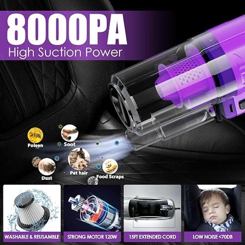 Viewsun 17PCS Car Cleaning Kit, Purple Car Interior Detailing Kit with High Power Handheld Vacuum, Detailing Brush Set, Windshield Cleaner, Cleaning Gel, Complete Auto Accessories for Women Gift thumbnail 2
