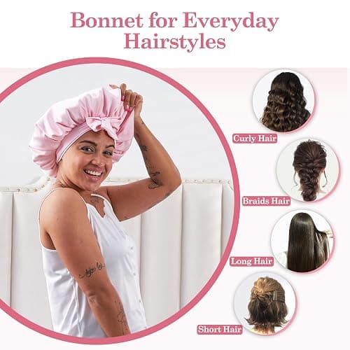 Tie Band Silk Satin Hair Bonnet for Sleeping Women Curly : Sleep Night Wrap Cap for Straight Wavy Coily Kinky Natural Hair Head - Pink thumbnail 4