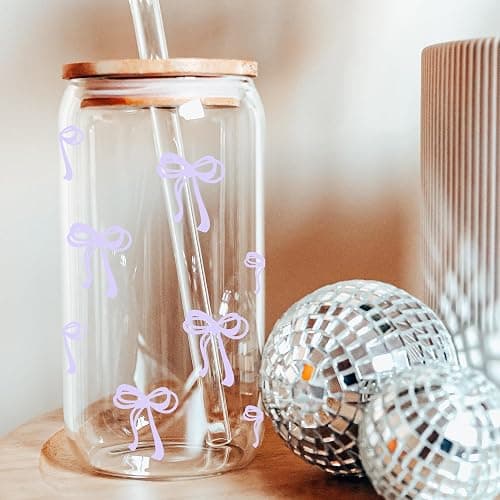 Coquette Cute Lavender Light Purple Bow Glass Cups with Lids and Straws, Aesthetic Iced Coffee Cup Preppy Room Decor, Christmas Valentines Birthday Gifts for Women, Teen Girl Gifts Trendy Stuff thumbnail 6