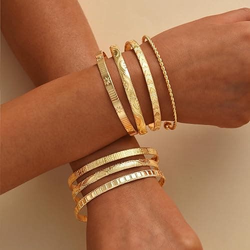 ÌF ME Gold Bangle Bracelets for Women, Indian Bangles Stackable Set, Multi Layer Textured 14K Gold Plated Chunky Bracelets Boho Jewelrys Set thumbnail 3