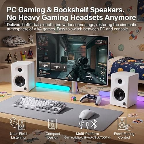 NSY Audio Powered Bluetooth Bookshelf Speakers for Mac/PC Gaming & Music |  Max 60W Active Studio Monitor with Bass & RCA/AUX Input, Wireless Audio for Desktop Computer, Laptop, White Pair thumbnail 6