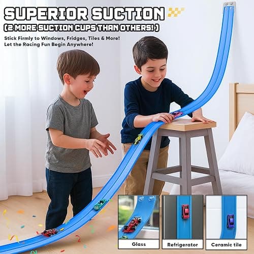 15.75 Ft Flex Track for Kids, Flexible Race Track Compatible with Hot Wheels and Diecast 1/64th Cars, Roll-Up Portable Race Car Ramp Track with Suction Cups & Track Anchors & 4 Race Cars, Blue thumbnail 4