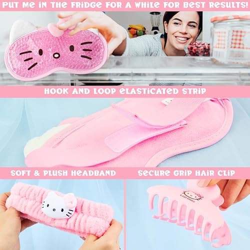 Hello Kitty Sanrio Beauty Set for Women, Teens with Cooling Gel Eye Mask, Plush Skincare Headband, Claw Clip, Eye Pads, Kawaii Gifts for Women (Pink Hello Kitty) thumbnail 4