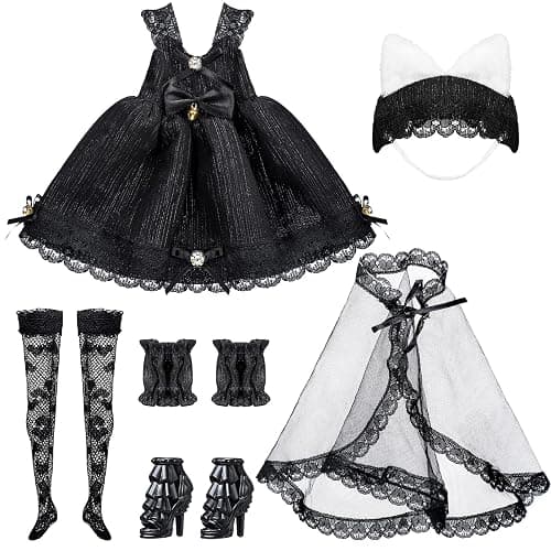 Wettarn 6 Pcs Gothic Doll Clothes and Accessories 12'' Black Doll Clothes Outfits Wedding Tutu Ballet Dress for Women Toy Outfits Party Princess Gown for Cosplay Gift Dress Stocking - Image 1