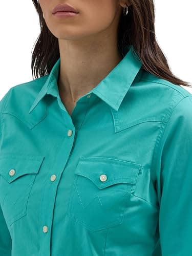 Wrangler Women's Retro Long Sleeve Cool Blue Solid Western Shirt thumbnail 3