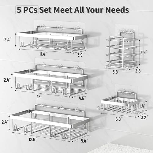 Liuoud 5 Pack Shower Caddy Organizer Rack Shelf for Inside Shower, Self Adhesive Bathroom Wall Storage Basket Rustproof Stainless Steel Large Capacity Shampoo Holder, Silver thumbnail 2