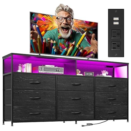 55” W Black Dresser for Bedroom with Charging Station & LED Light, 65/55/50 Inch TV Stand with 9 Fabric Drawers, Sturdy Chest of Drawers with 2 Wooden Open Shelves for Bedroom, Dorm, Living Room - Image 1