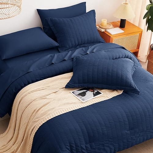 CozyLux King Size Comforter Set Navy Blue Seersucker 7 Pieces Bed in a Bag King Comforter Set with Sheets, Luxury Bedding Set with Down Alternative Comforter, Sheets, Pillowcases & Shams All Seasons thumbnail 4